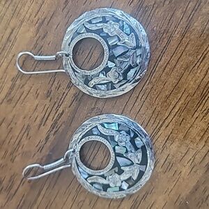Vintage Mexican Alpaca 925 Silver Floral Abalone Shell Dangle Earrings